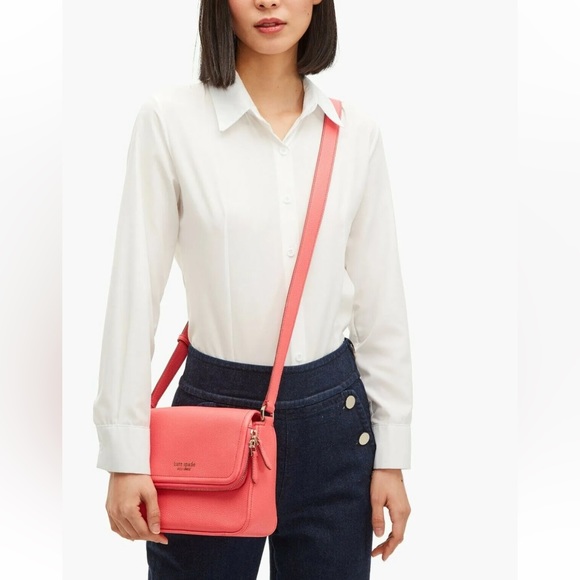 New Kate Spade Run Around Large Flap Crossbody Pebble Leather Peach Melba - Picture 2 of 5